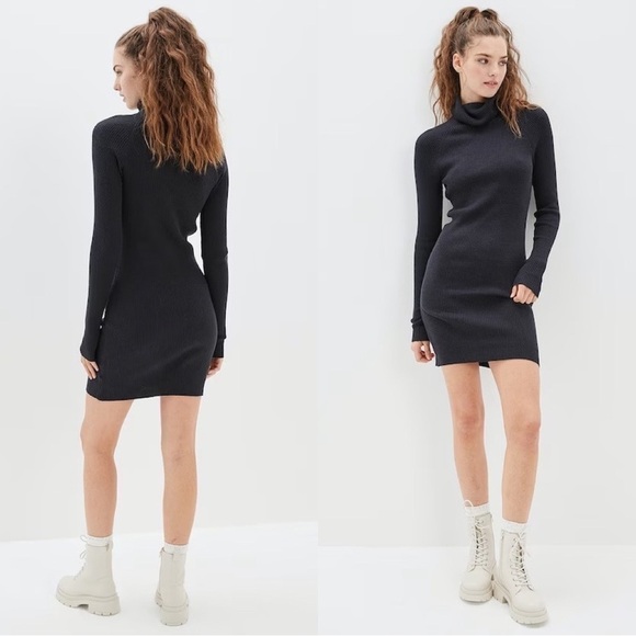 NWT American Eagle Black RIbbed Turtleneck Long-Sleeve Mini Dress sZ M - Picture 1 of 7